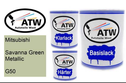 Mitsubishi, Savanna Green Metallic, G50: 1L Lackdose + 1L Klarlack + 500ml Härter - Set, von ATW Autoteile West.